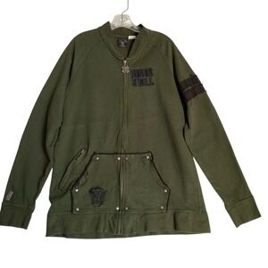 Y2K Blac Label Sweatshirt Full Zip Women's 2X Olive Green Embroidered Metal Punk